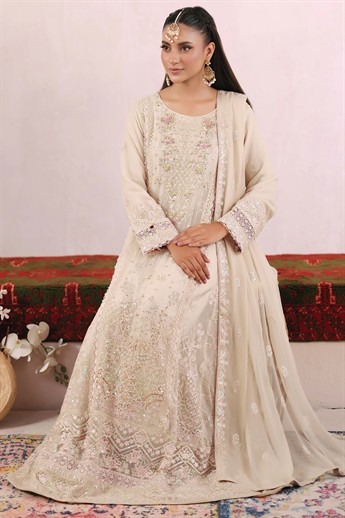 Beige Embroidered Raw Silk Ladies Readymade