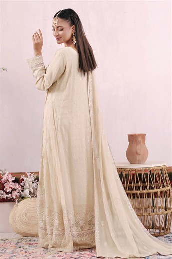 Beige Embroidered Raw Silk Ladies Readymade