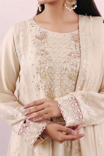 Beige Embroidered Raw Silk Ladies Readymade