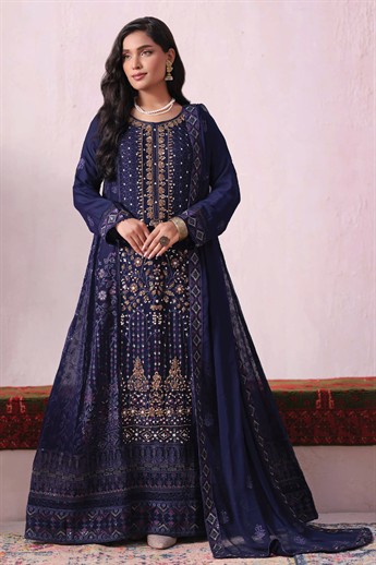 Navy Embroidered Raw Silk Ladies Readymade