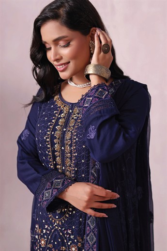Navy Embroidered Raw Silk Ladies Readymade
