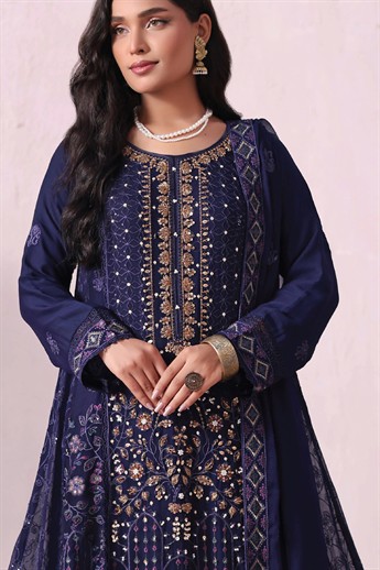 Navy Embroidered Raw Silk Ladies Readymade