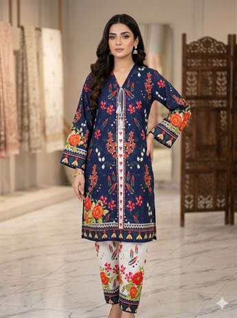 Navy Multicolour Digital Print Ladies Silk 2 Piece Suit