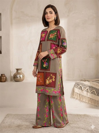 Khaki Digital Print Ladies Silk 2 Piece Suit