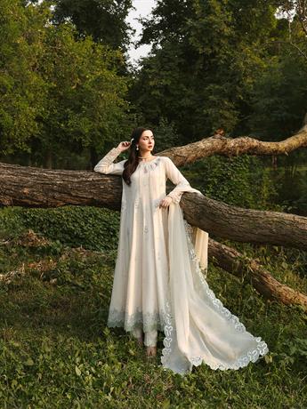 Cream Cutwork Chiffon Maxi Ladies 3 Piece Suit