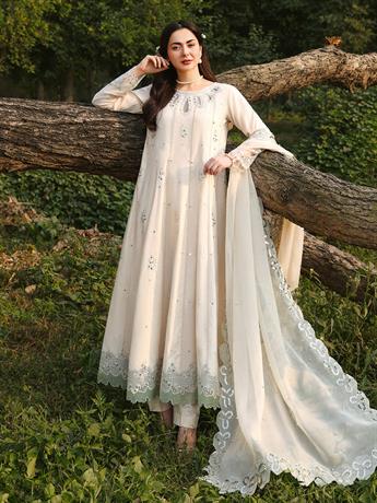 Cream Cutwork Chiffon Maxi Ladies 3 Piece Suit