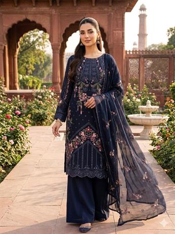 Navy Blue Embroidered Chiffon Ladies Cotton Suit