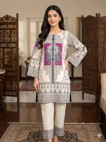 White & Multicolour Printed Ladies Silk 2 Piece