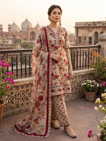 Beige & Multicolour Printed Chiffon Ladies Lawn 3 Piece Suit