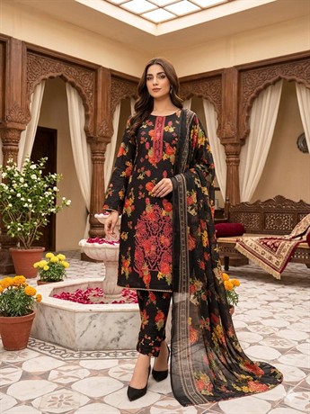 Black & Multicolour Chiffon Ladies Embroidered Printed Lawn Suit