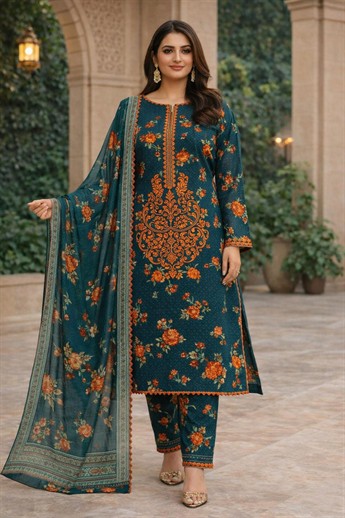 Green Chiffon Ladies Embroidered Printed Lawn Suit