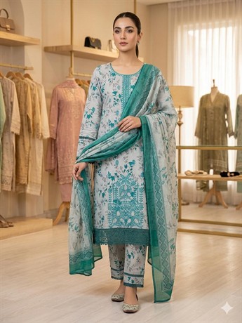 LADIES 3 PIECE PRINTED LAWN SUIT WITH CHIFFON SCARF.