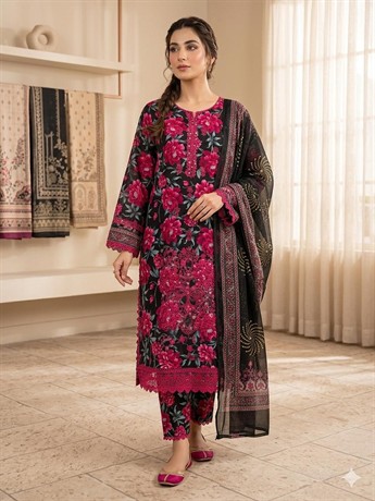 LADIES 3 PIECE PRINTED LAWN SUIT WITH CHIFFON SCARF.