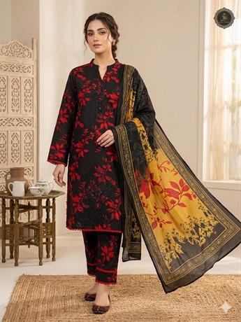 LADIES 3 PIECE PRINTED LAWN SUIT WITH CHIFFON SCARF.