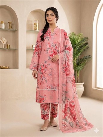 LADIES 3 PIECE PRINTED LAWN SUIT WITH CHIFFON SCARF.