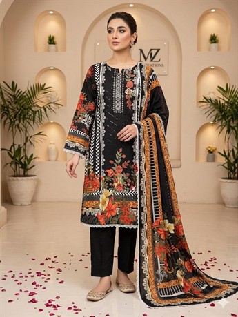 LADIES 3 PIECE PRINTED LAWN SUIT WITH CHIFFON SCARF.