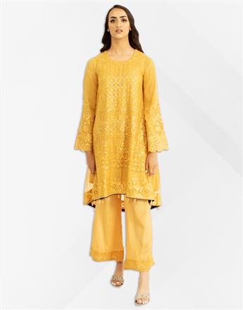 Mustard Embroidered Resham Peplum with Chiffon Dupatta & Palazzo