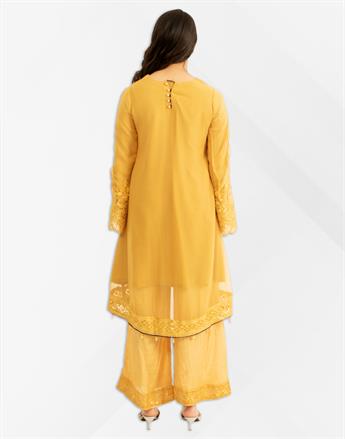 Mustard Embroidered Resham Peplum with Chiffon Dupatta & Palazzo