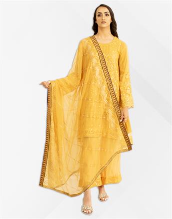 Mustard Embroidered Resham Peplum with Chiffon Dupatta & Palazzo