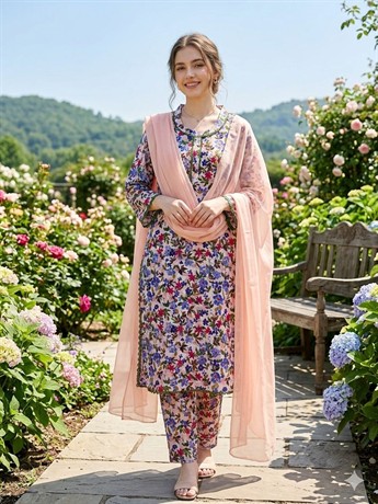 Readymade 3 piece printed lawn suit with matching plain chiffon dupatta & trouser.