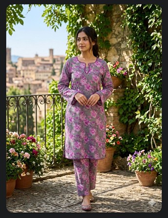 Readymade 2 piece printed lawn suit with matching  trouser.