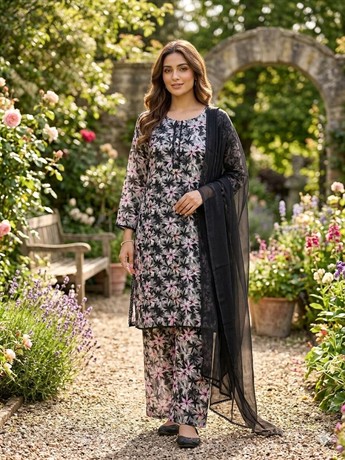 Readymade 3 piece printed lawn suit with matching plain chiffon dupatta & trouser.