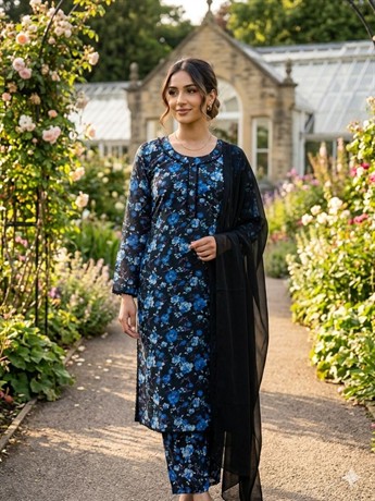 Readymade 3 piece printed lawn suit with matching plain chiffon dupatta.