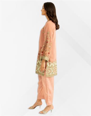 Rose Pink Embroidered Chiffon Kameez with Dupatta & Trouser