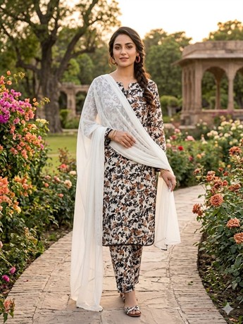 Readymade 3 piece printed lawn suit with matching plain chiffon dupatta.