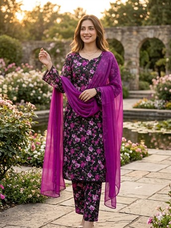 Readymade 3 piece printed lawn suit with matching plain chiffon dupatta.