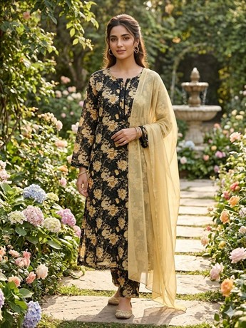 Readymade 3 piece printed lawn suit with matching plain chiffon dupatta.