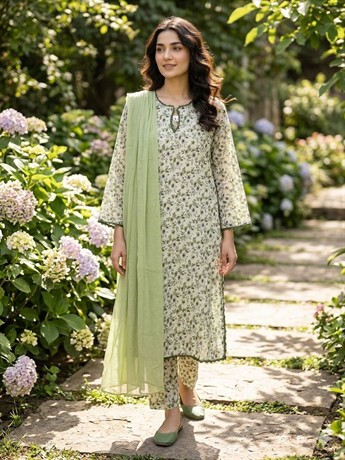Readymade 3 piece printed lawn suit with matching plain chiffon dupatta.