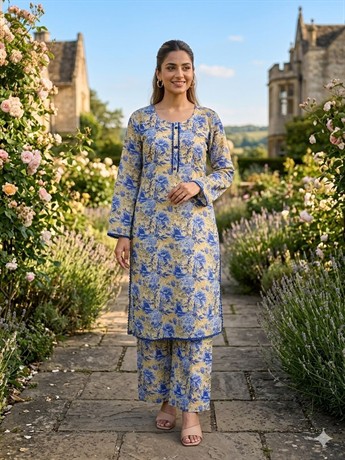 Readymade 2 piece printed lawn suit with matching trouse.