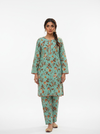 Readymade 2 piece printed lawn suit with matching  trouser.