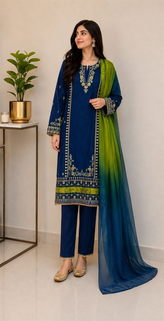 Readymade 3 piece printed lawn suit with matching dupatta.