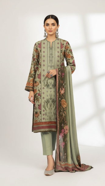 Readymade 3 piece printed lawn suit with matching dupatta.