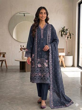 Charcoal Embroidered Lawn Ladies 3 Piece Karma Suits