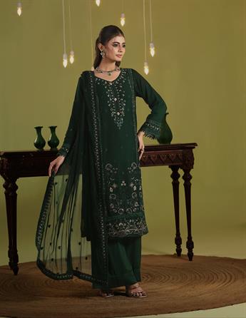 Dark Green Embroidered Raw Silk Ladies 3 Piece Suit