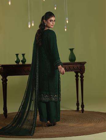 Dark Green Embroidered Raw Silk Ladies 3 Piece Suit