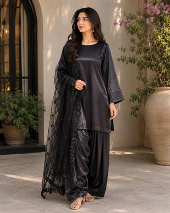 Black Satin Ladies 3 Piece Suit