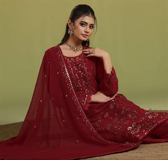 Red Embroidered Raw Silk Ladies 3 Piece Suit