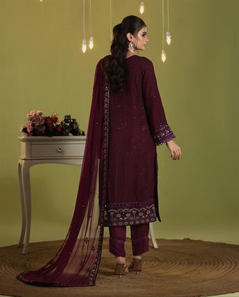 Purple Embroidered Raw Silk Ladies 3 Piece Suit