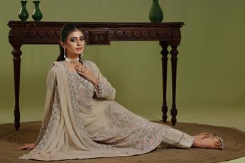 Beige Embroidered Raw Silk Ladies 3 Piece Suit