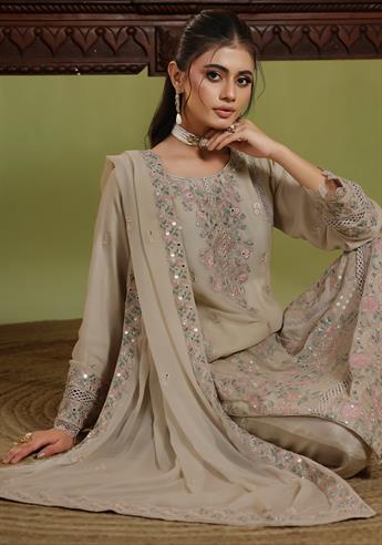 Beige Embroidered Raw Silk Ladies 3 Piece Suit