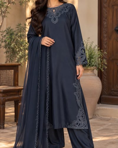 Navy Cutwork Raw Silk Kaftan Ladies 3 Piece Suit