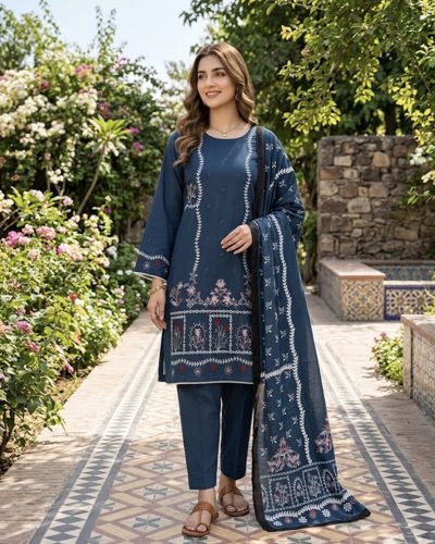 Teal Blue Embroidered 3 Piece Winter Collection Suit