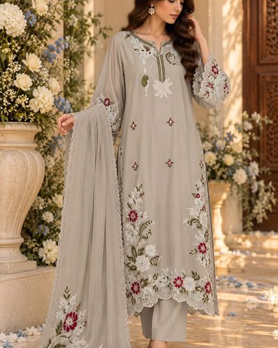 Beige Cutwork Raw Silk A-Line Ladies 3 Piece Suit