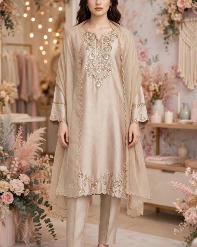 Beige Sequinned Chiffon Ladies 3 Piece Suit