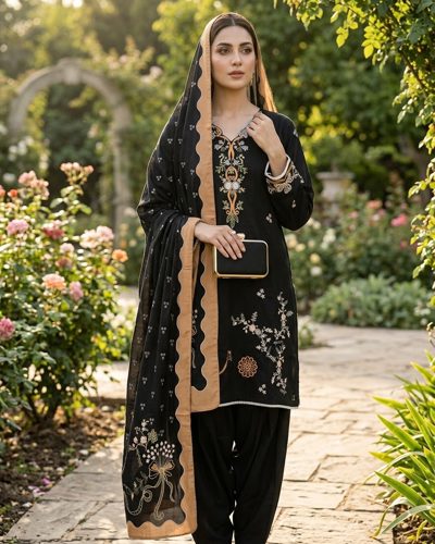 3 PC STITCHED EMBROIDERED KHADDAR SUIT