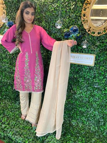 Pink & Gold Embroidered Chiffon Karandi Fabric 3 Piece Readymade Suit with Dupatta